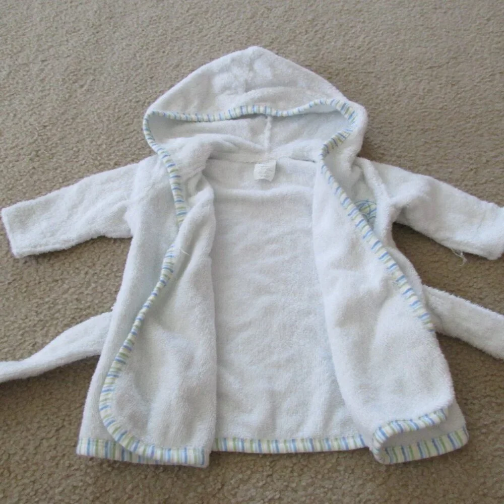 Luvable Friends Terry Cloth Bath Robe Infant Boys Size 0-9M SM White Blue Monkey